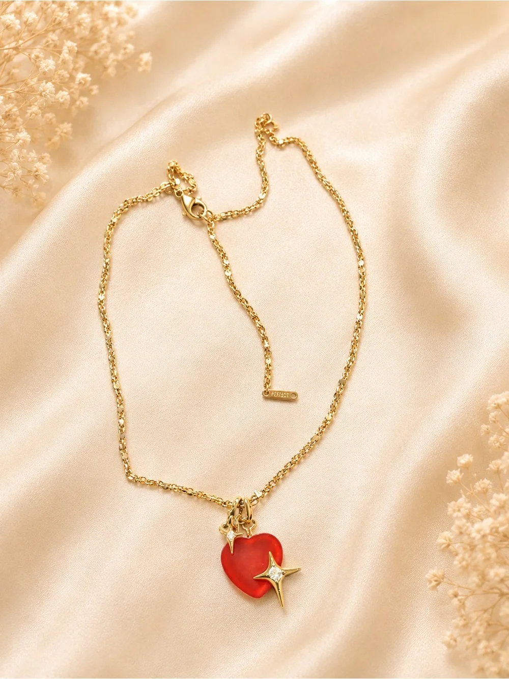 Gold Chain Necklace with Red Heart & Star Pendant steel 316L